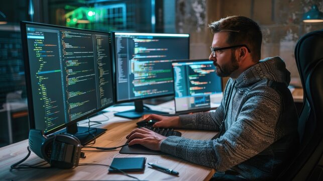 Programmer wearing glasses sitting at a desk with multiple screens displaying lines of code during a late-night coding session.