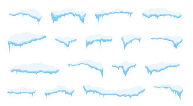 Set of frozen snow formations featuring hanging icicles and irregular frosted edges.
