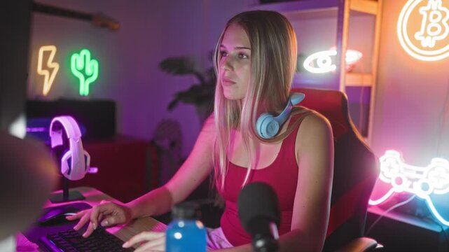 Young woman typing at keyboard with headset around neck smiling at camera and giving thumbs up gesture in neon gaming studio; streaming joy.