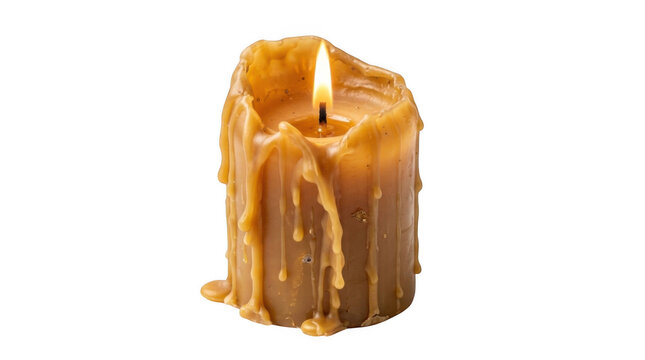 A single rustic brown pillar candle with a burning flame and dripping melted wax texture for cozy home decoration isolated on transparent background