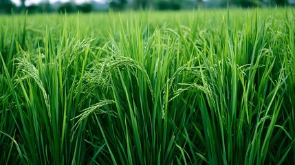 Obraz premium Lush green rice plants sway gently in a vast field under soft natural light creating a serene and tranquil agricultural scene