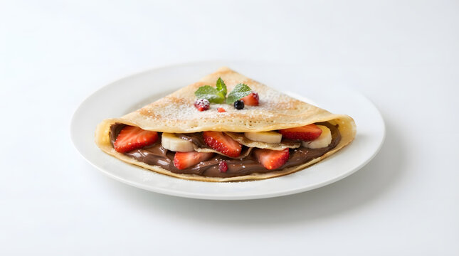 Folded thin pancake crepe stuffed with rich chocolate hazelnut cream fresh banana slices and strawberries dusted with powdered sugar on white plate isolated against clean white background