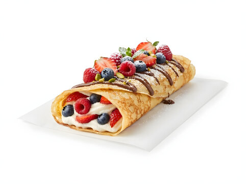 Gourmet rolled dessert crepe filled with fresh raspberries blueberries strawberries and sweet whipped cream topped with chocolate drizzle on white plate isolated against white background