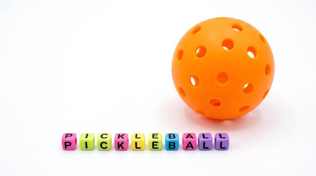 Orange pickleball with colorful letter blocks spelling pickleball on