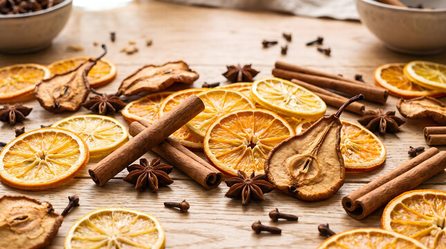 Overhead view of dried orange wheels lemon slices dehydrated pears cinnamon barks and whole star anise spices scattered on rustic wooden surface for autumn mulled wine and winter punch recipe