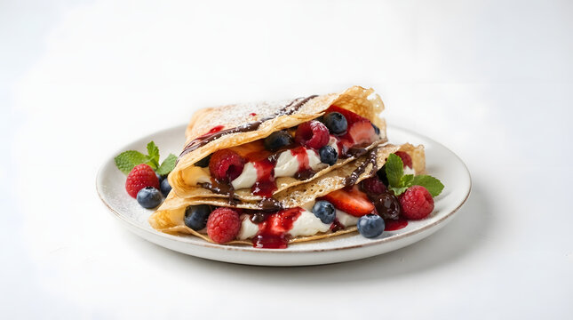Double folded sweet crepe filled with vanilla cream fresh raspberries and ripe blueberries topped with rich chocolate sauce and fruit coulis on white plate isolated on pure white background