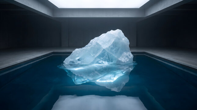 A striking visual representation of an iceberg metaphor displayed inside a modern minimalist indoor pool hall.