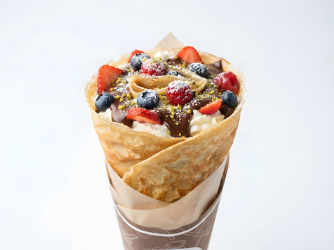 Handheld Japanese street food dessert crepe cone layered with rich chocolate ganache fluffy whipped cream fresh strawberries blueberries raspberries and chopped pistachios on white background