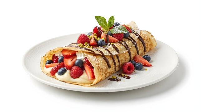 Artisanal dessert crepe filled with smooth vanilla pastry cream fresh strawberries raspberries and blueberries drizzled with chocolate fudge sauce and pistachios on clean white background