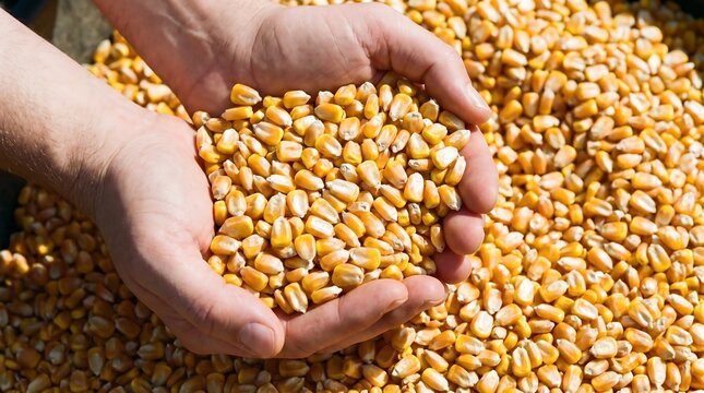 Farmer holding a handful of raw yellow corn kernels for agricultural