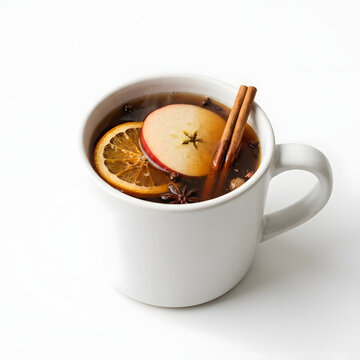 Steaming hot spiced apple cider drink in a white ceramic mug garnished with red apple slice dried orange wheel whole cinnamon stick and star anise pods isolated over a plain white background
