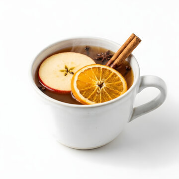 Delicious warm spiced apple cider punch beverage served in a white ceramic mug with apple slice dried orange wheel aromatic star anise and cinnamon sticks isolated against white background