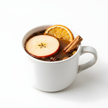 Steaming hot mulled winter apple cider drink in a white ceramic cup infused with red apple slice dried orange wheel fragrant star anise and cinnamon sticks isolated over a pure white backdrop