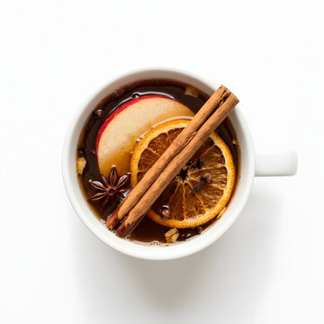 Top down flat lay overhead photograph of hot mulled spiced apple cider drink in a white ceramic mug with apple slice dried orange wheel cloves and cinnamon sticks isolated on white background