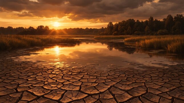 Drought landscape with cracked earth and sunset reflection in a dry
