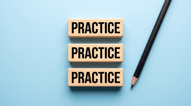 Wooden blocks with the word practice written on them with a pencil