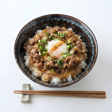 Traditional Japanese gyudon beef bowl with simmered tender beef slices caramelized onions and poached onsen egg over steamed white rice with wooden chopsticks isolated on clean white background