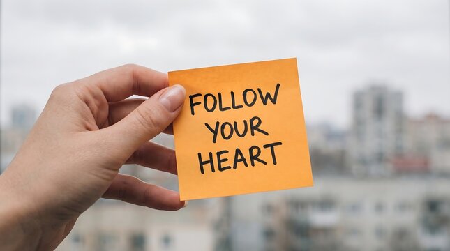 Hand holding an orange sticky note with follow your heart text in the