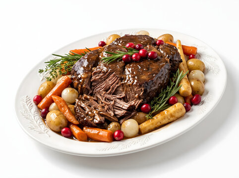 Holiday roasted beef pot roast platter garnished with roasted parsnips carrots pearl onions baby potatoes fresh rosemary and tart red cranberries with rich gravy isolated on pure white background