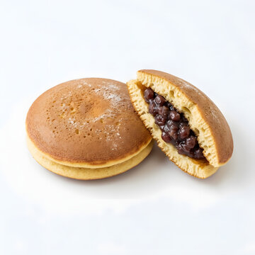 Japanese dorayaki pancake sandwich whole and cut in half displaying sweet azuki red bean paste filling with dusting of sugar isolated on clean white background for traditional dessert concept