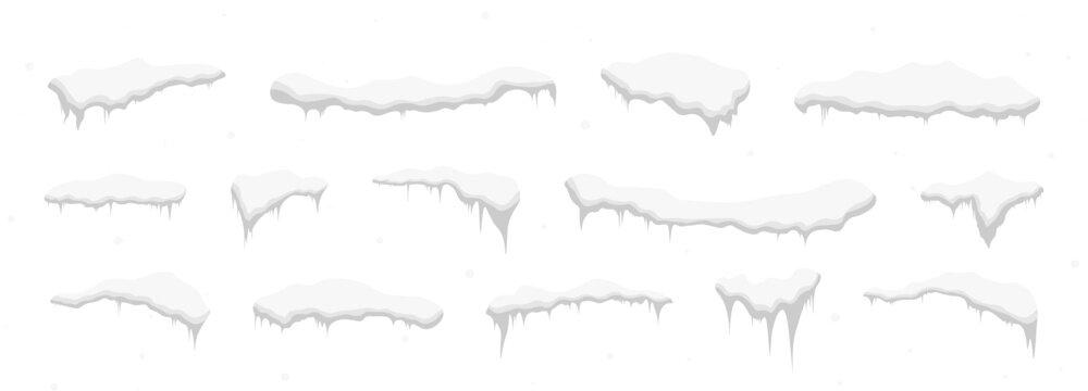 Snow covered icicles and frosty overhangs arranged as isolated winter elements.