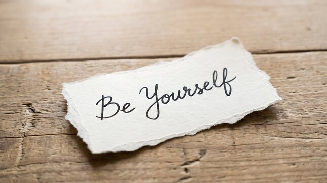 Be Yourself handwritten note on a torn piece of paper on a wooden