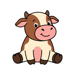 Obraz premium Adorable cartoon baby cow sitting and smiling happily on a clean white background