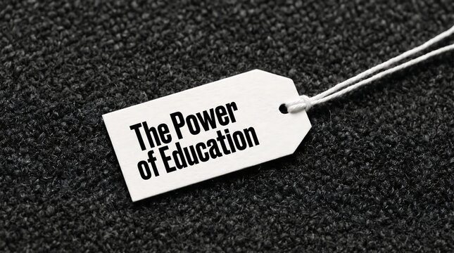 White paper tag with The Power of Education text on a dark textured