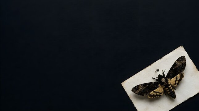 Pinned deaths head hawkmoth specimen on vintage aged paper over dark black background with ample empty copy space.