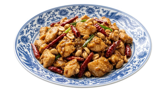 Spicy kung pao chicken stir fry with peanuts and dried chili peppers served on a decorative blue and white china plate isolated on transparent background