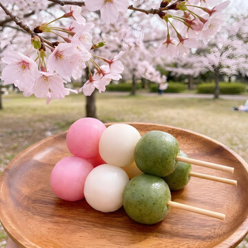 Traditional Japanese tricolor hanami dango mochi skewers on wooden plate held outdoors beneath blooming pink sakura cherry blossom trees in spring park setting with soft natural sunlight
