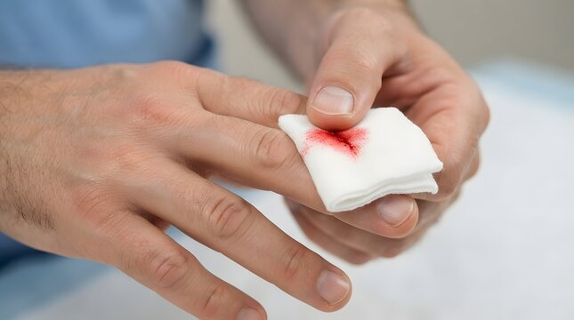 Close-up of a bleeding hand being treated with sterile gauze, illustrating first aid, wound treatment, healthcare assistance, injury care, and medical recovery.