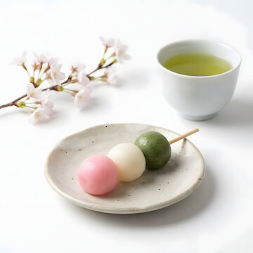 Japanese tricolor hanami dango on rustic ceramic plate served with a cup of hot green tea and fresh pink sakura cherry blossom branch isolated on white background for Japanese food concepts