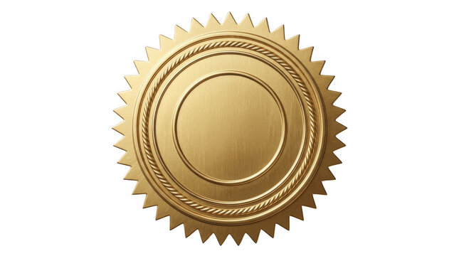 Shiny gold seal stamp or medal badge with a serrated edge for product quality assurance and professional certification isolated on transparent background