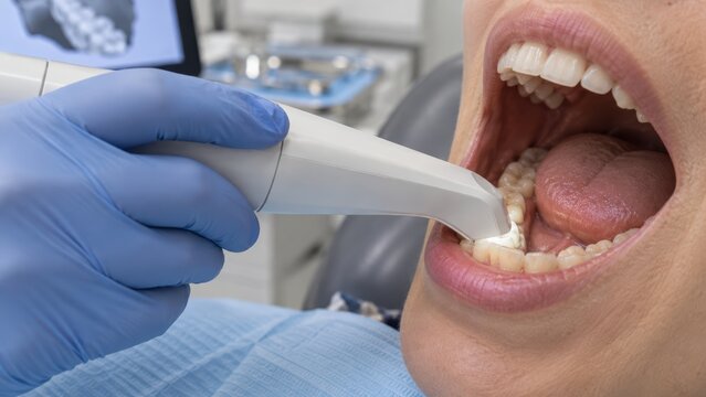 Dentist Using a Dental Intraoral Scanner Wand to Capture a Digital 3D Impression of a Patient's Lower Teeth