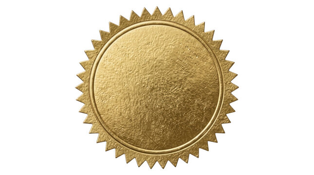 Shiny gold seal sticker with serrated edges for certificate award or official document approval and quality guarantee isolated on transparent background