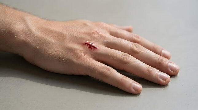 Close-up of the back of a hand with a small cut, highlighting minor injury, wound care, first aid, healthcare, safety, healing, and accident prevention.