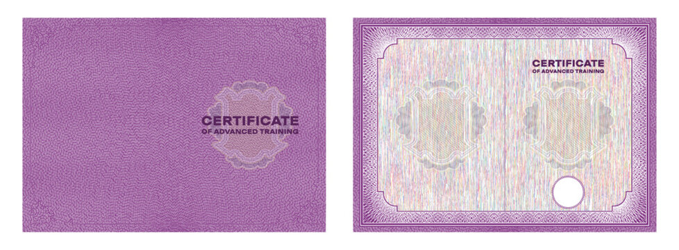 Blank vector template for secure color document. Empty cover. Guilloche mesh, vintage ornamental frame. Certificate of advanced training. Obverse and reverse. Sample. A4 format