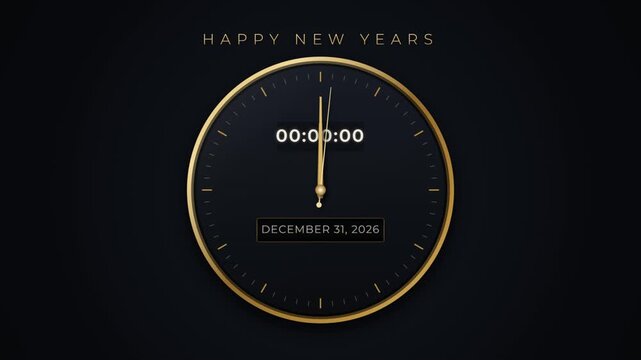 New Year 2027 Midnight Countdown Clock Animation on Black Background