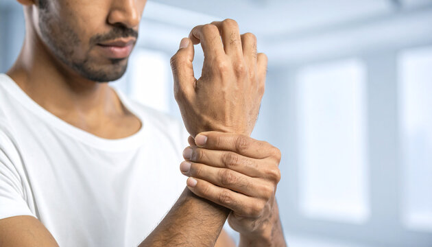 Wrist Pain Concern: A man holding his wrist with a pained expression, highlighting discomfort and the potential for injury.