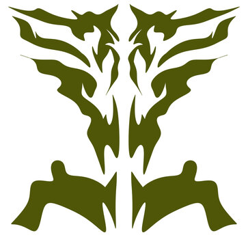 Olive green abstract tribal symmetric Rorschach crest with sharp
