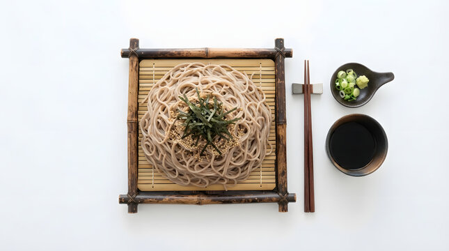 Overhead top down view of cold japanese zaru soba buckwheat noodles on square bamboo tray garnished with shredded nori seaweed served with dipping broth and chopsticks on white background