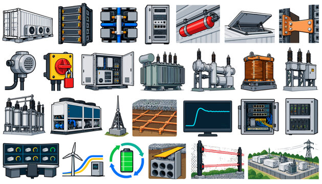 Battery Energy Storage System BESS and Electrical Substation Flat Icon