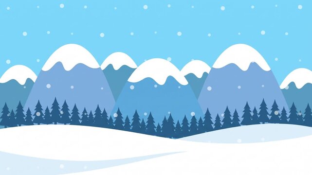 Seamless animated winter landscape with falling snow and mountains