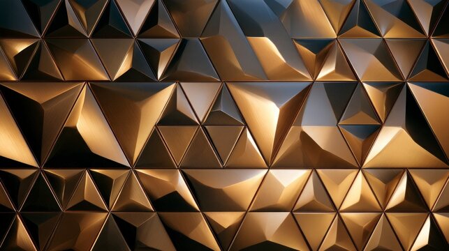 Abstract 3D geometric background featuring a pattern of metallic triangles with a brushed bronze and gold texture, creating a sophisticated industrial wall design.