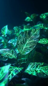 Glowing Bio Green Technology Leaf Circuit Abstract Vertical B-Roll Background