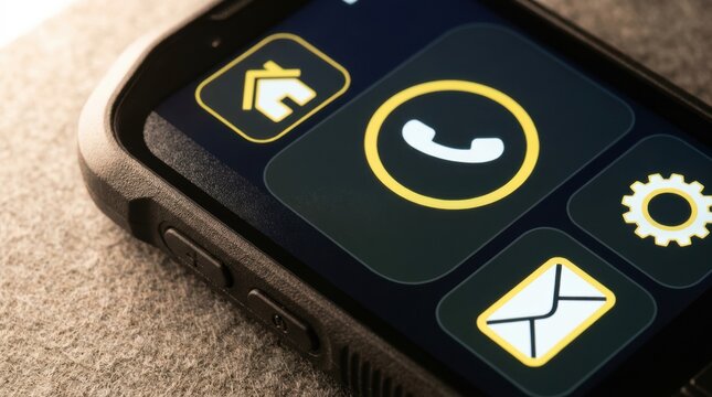 accessible interface control concept Close-up of a smartphone screen showing home, call, settings, and email icons.