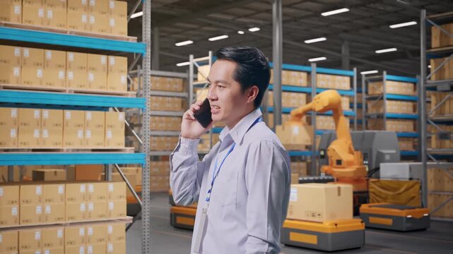 Side View Asian Male Professional Worker Standing in Automated Warehouse Robotic Arm Sorting Packages Logistics, He Pick The Phone Up And Started To Specking To It With A Slicely Smile