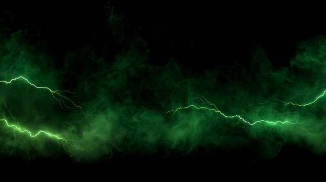 Dramatic Green Lightning Bolts Striking Through Thick Emerald Smoke on a Deep Black Background