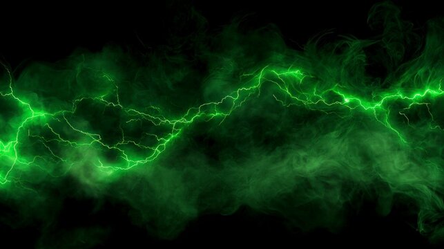 Abstract green lightning energy bolt discharge with smoke on black background